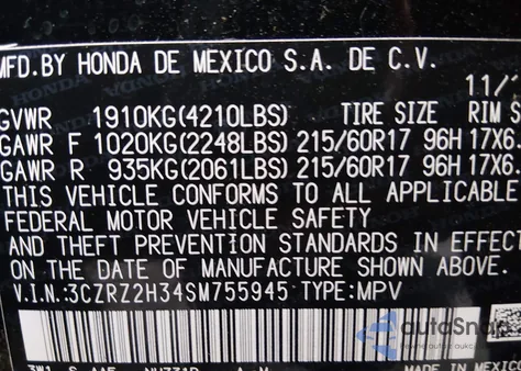2025 Honda Hr-V Awd Lx from USA, damaged, VIN 3CZRZ2H34SM755945
